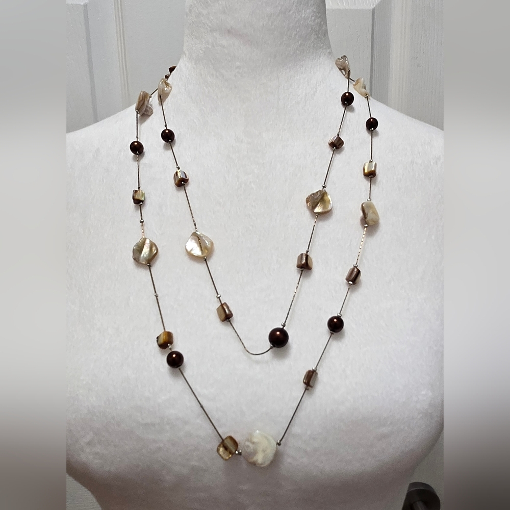 Elegant Two Strand Brown and Cream Bead And Shell Necklace